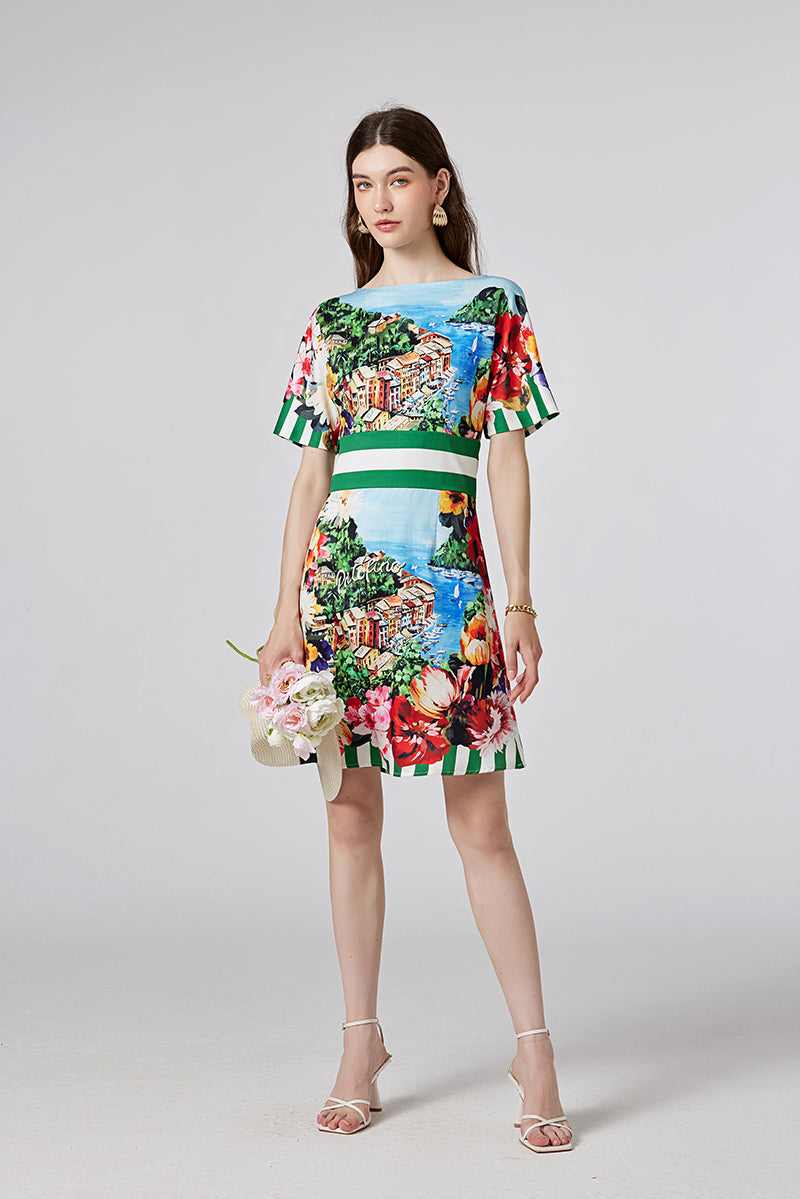 Women New Summer New Arrival One line Collar Printed Short sleeved Tight Waist dress High Waist Slim fit Dress ESUNG