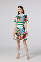 Women New Summer New Arrival One line Collar Printed Short sleeved Tight Waist dress High Waist Slim fit Dress ESUNG