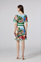 Women New Summer New Arrival One line Collar Printed Short sleeved Tight Waist dress High Waist Slim fit Dress ESUNG