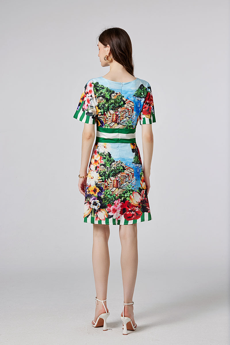 Women New Summer New Arrival One line Collar Printed Short sleeved Tight Waist dress High Waist Slim fit Dress ESUNG