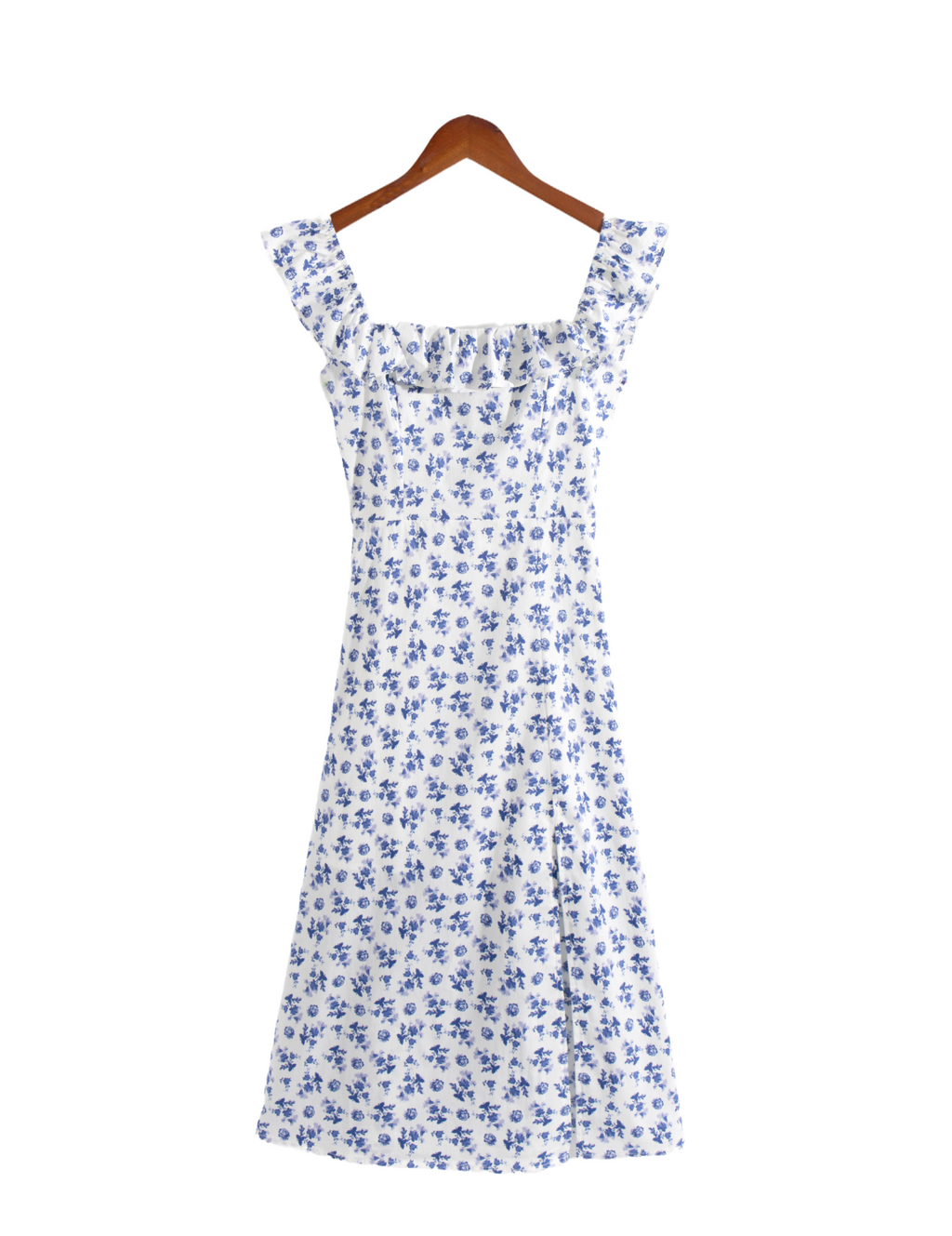 Early Spring French Retro Debutante Square Collar Lace Flying Sleeves Floral Print Slit Dress PullWind
