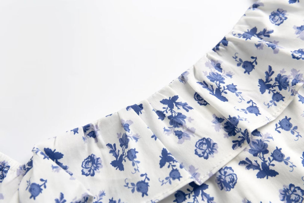 Early Spring French Retro Debutante Square Collar Lace Flying Sleeves Floral Print Slit Dress PullWind