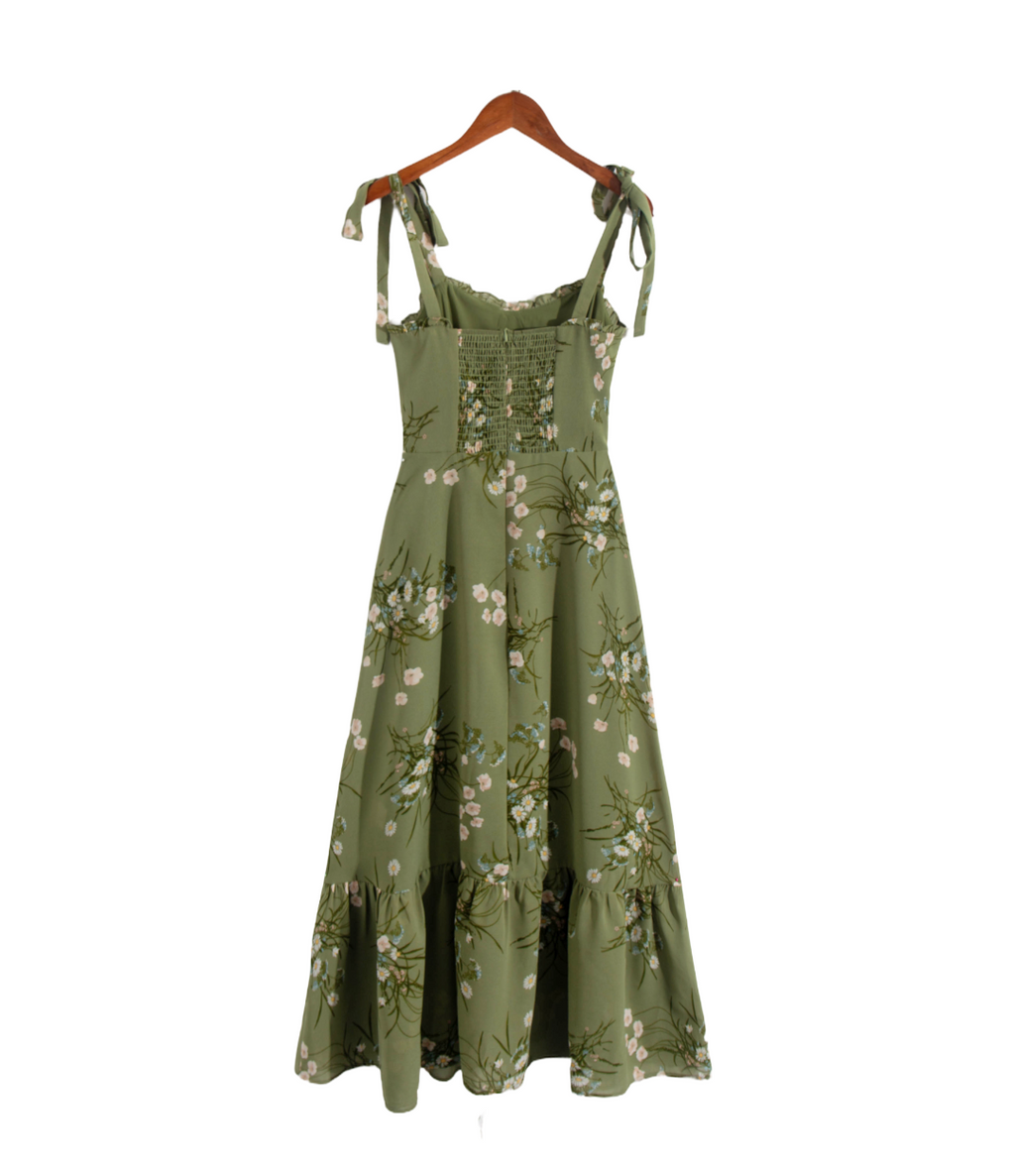 Summer French Minority Printed Lace up Cami Dress Beach Vacation Sexy Mid Length to PullWind