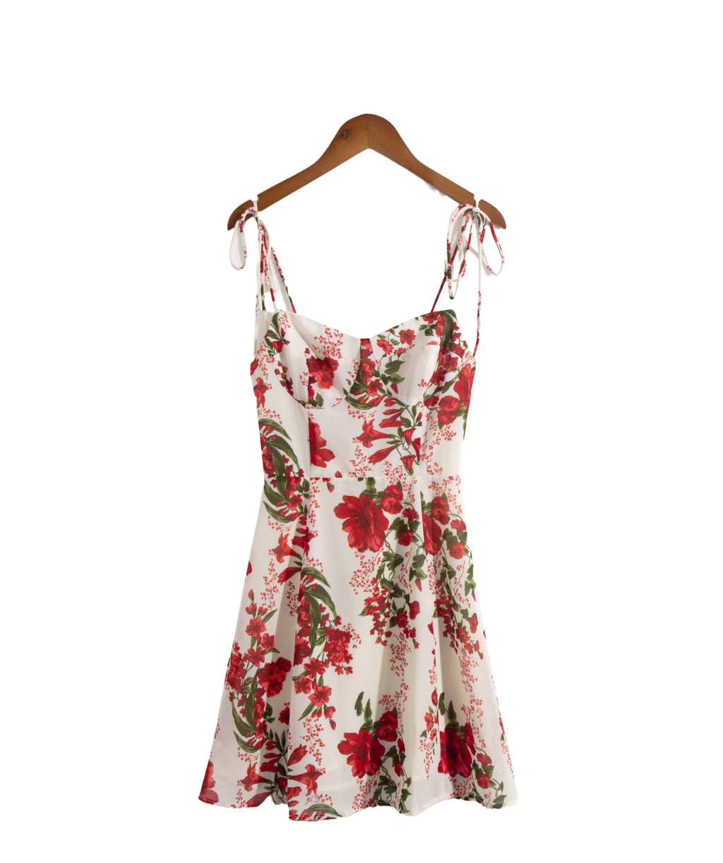 Summer French Tied Spaghetti Strap Short Dress High Grade Backless Red Floral Retro V neck Women Dress PullWind
