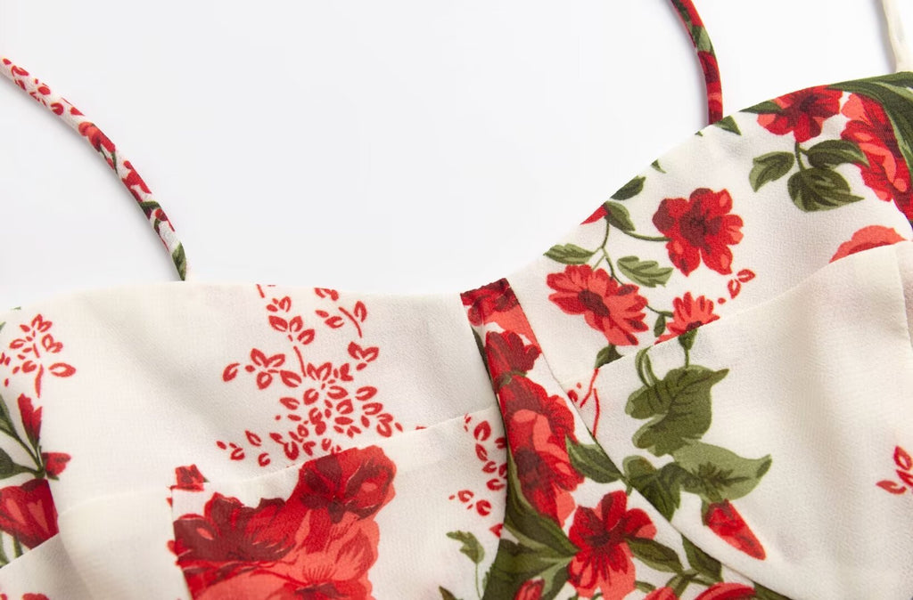 Summer French Tied Spaghetti Strap Short Dress High Grade Backless Red Floral Retro V neck Women Dress PullWind