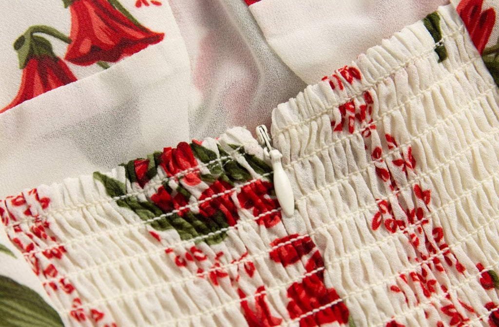 Summer French Tied Spaghetti Strap Short Dress High Grade Backless Red Floral Retro V neck Women Dress PullWind