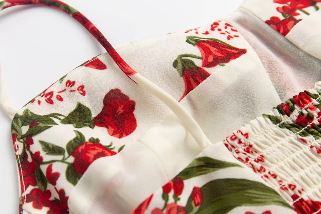 Summer French Tied Spaghetti Strap Short Dress High Grade Backless Red Floral Retro V neck Women Dress PullWind