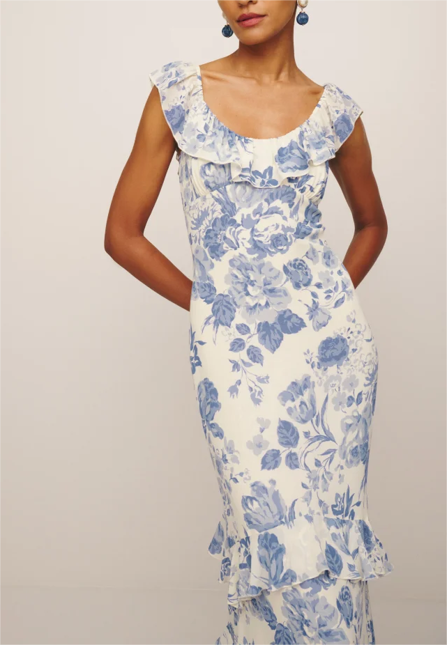 Spring Summer French Elegant Classical Printing Slip Dress Women Ruffled U Neck Maxi Dress PullWind