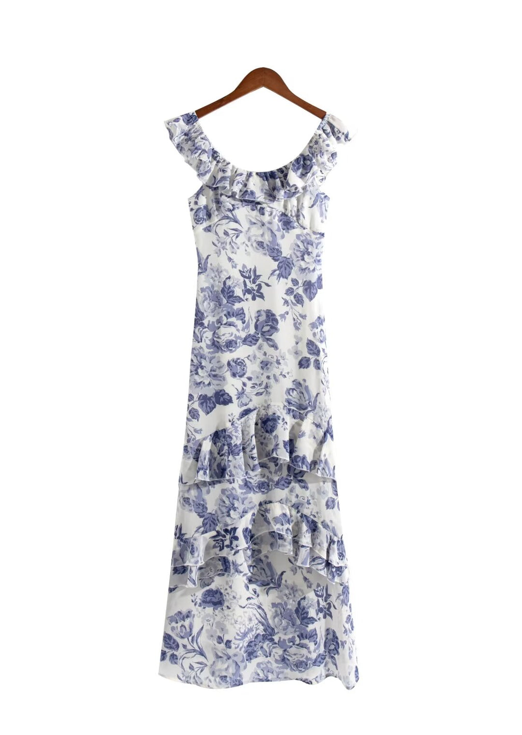 Spring Summer French Elegant Classical Printing Slip Dress Women Ruffled U Neck Maxi Dress PullWind