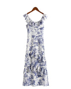 Spring Summer French Elegant Classical Printing Slip Dress Women Ruffled U Neck Maxi Dress PullWind
