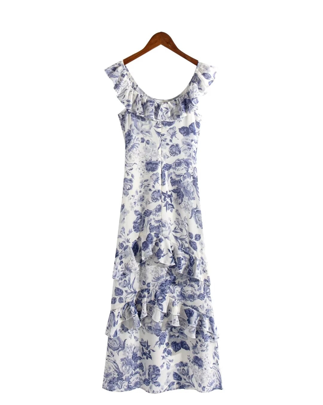 Spring Summer French Elegant Classical Printing Slip Dress Women Ruffled U Neck Maxi Dress PullWind