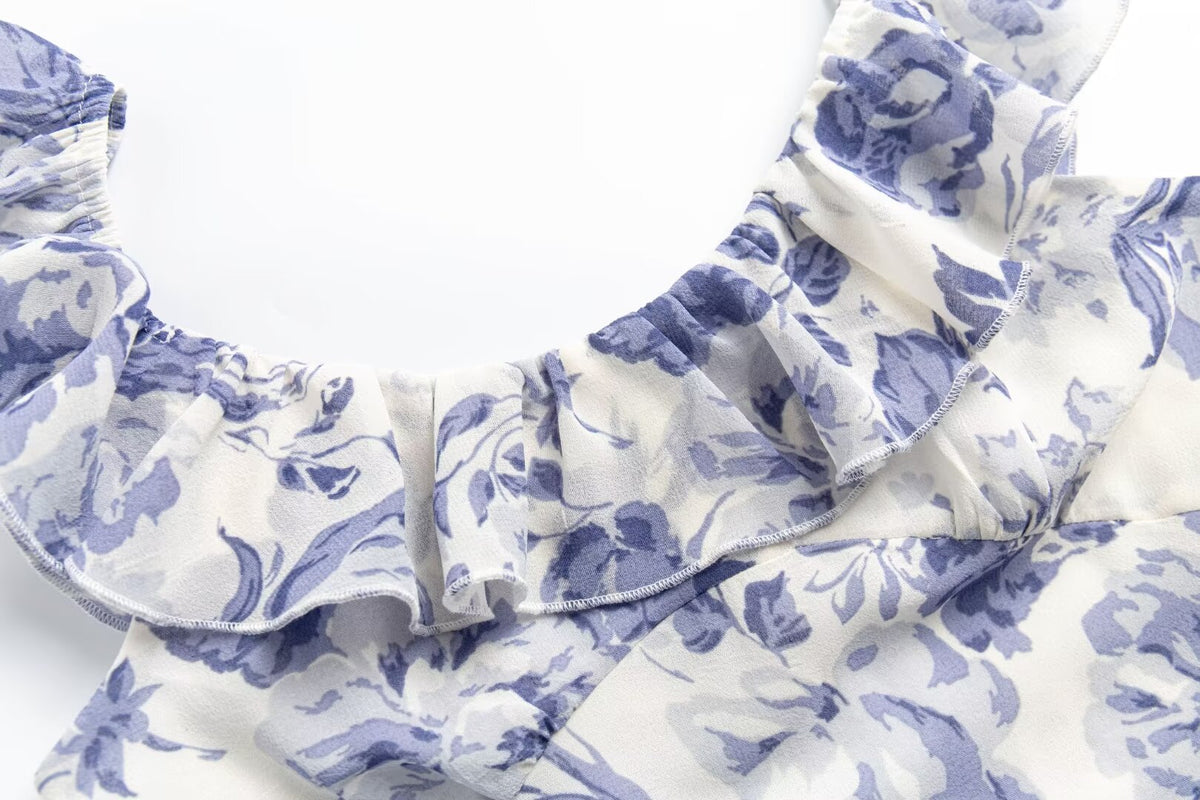 Spring Summer French Elegant Classical Printing Slip Dress Women Ruffled U Neck Maxi Dress PullWind
