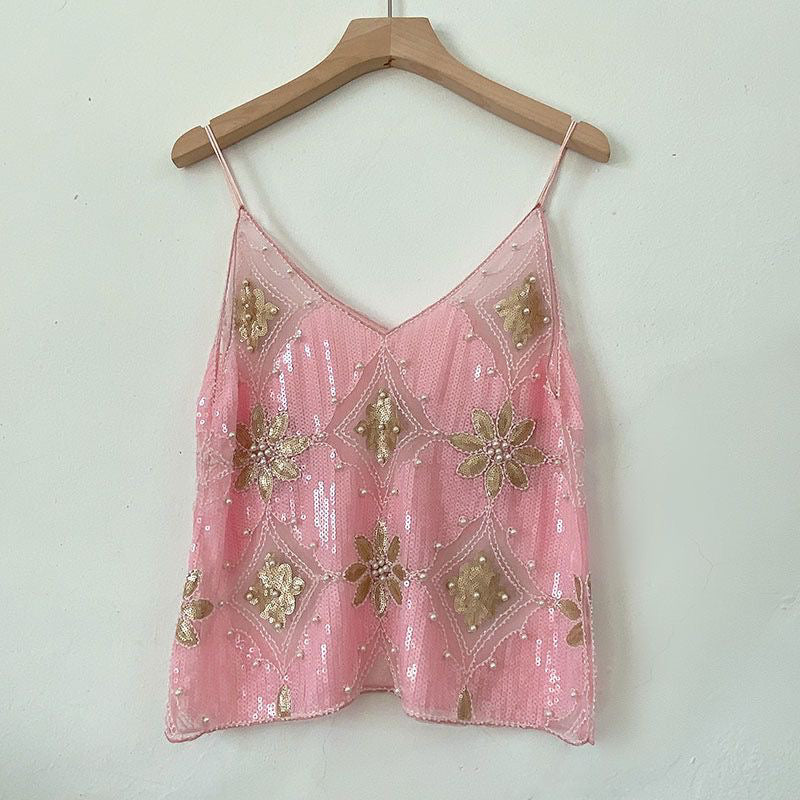 【MOQ-5 packs】 Niche Summer Women Heavy Embroidery Sequ Beaded Sling Basic Sexy Slimming Short V neck Vest Western Sexy FDvnpkz