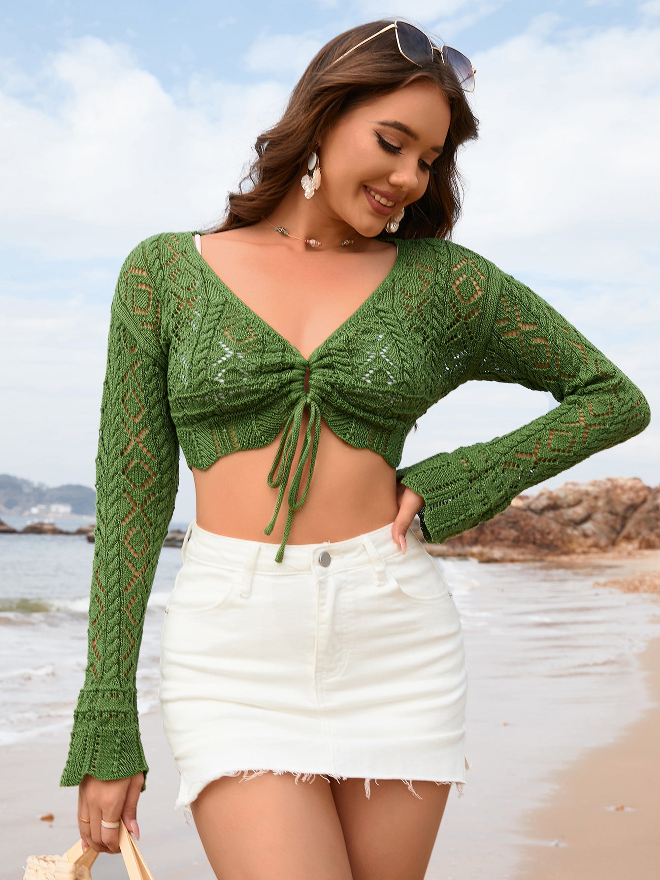 Blusa de cuerda de primavera y verano con cuello en V de color liso para mujer