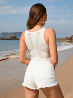Spring Summer Cotton Slim Fit Camisole Hollow Out Cutout Solid Color White Women Vest SERENDIPITY
