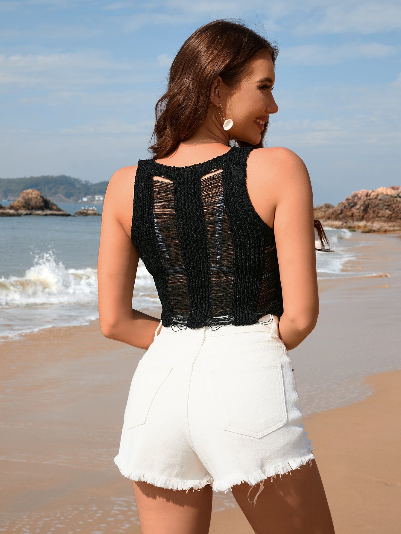 Spring Summer Cotton Slim Fit Camisole Hollow Out Cutout Solid Color White Women Vest SERENDIPITY