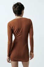 Women Clothing Summer Arrival Solid Color V neck Flared Long Sleeve Halter Sheath Dress Shell