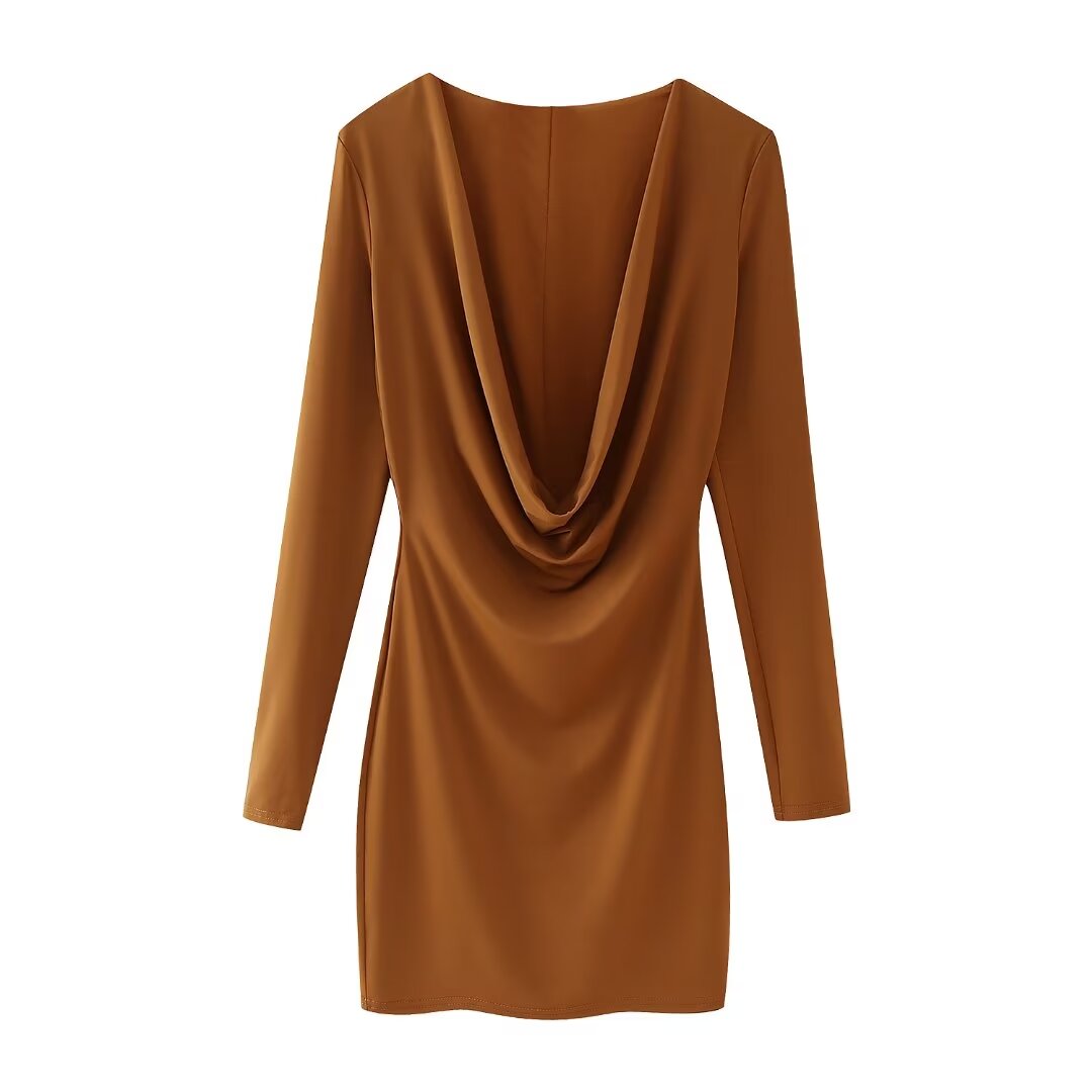 Women Clothing Summer Arrival Solid Color V neck Flared Long Sleeve Halter Sheath Dress Shell
