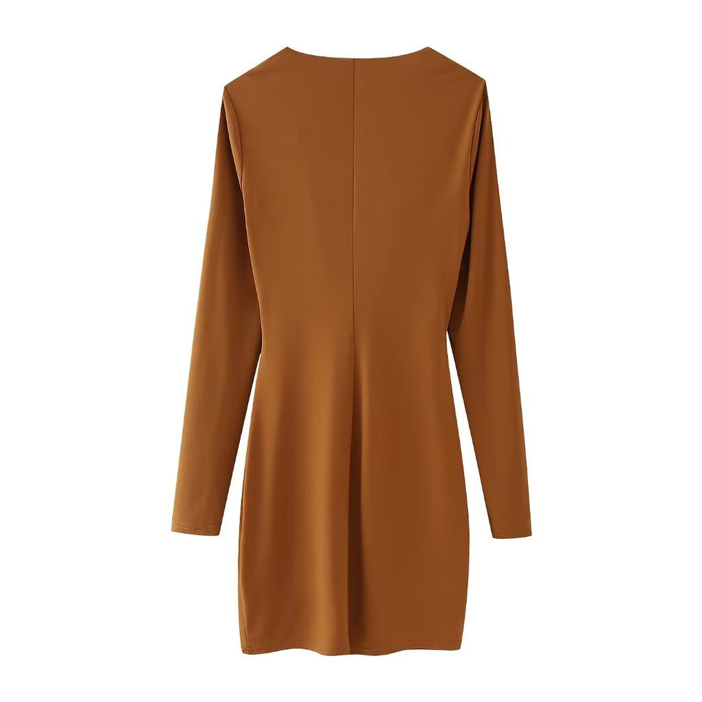 Women Clothing Summer Arrival Solid Color V neck Flared Long Sleeve Halter Sheath Dress Shell