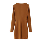 Women Clothing Summer Arrival Solid Color V neck Flared Long Sleeve Halter Sheath Dress Shell
