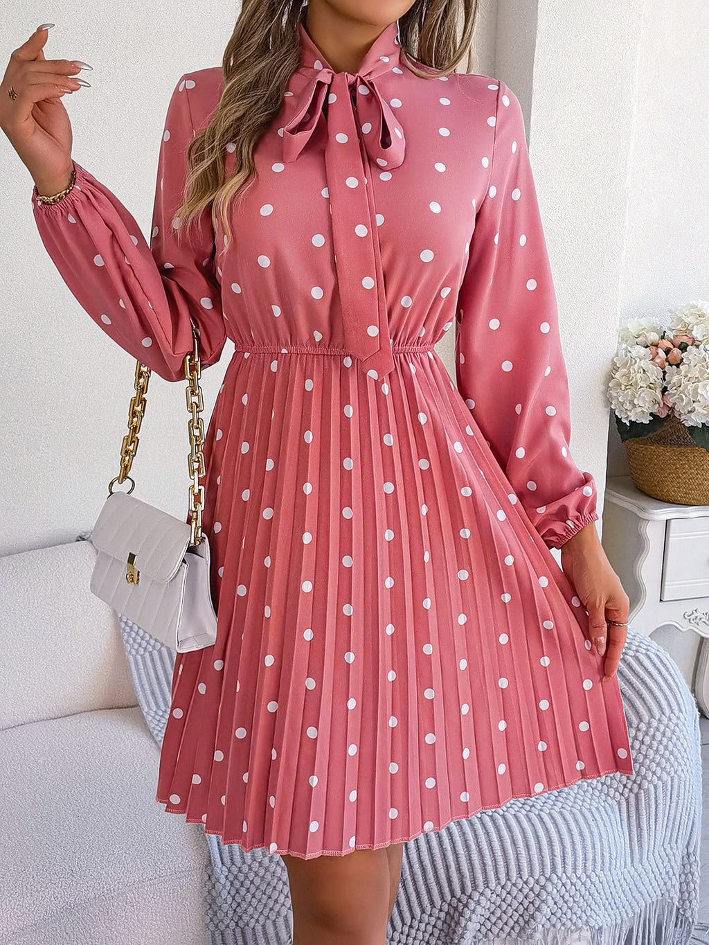 Real Shot Spring Summer Polka Dot Self Tie Waist Controlled Long Sleeves Pleated Women Clothing BAGIISA