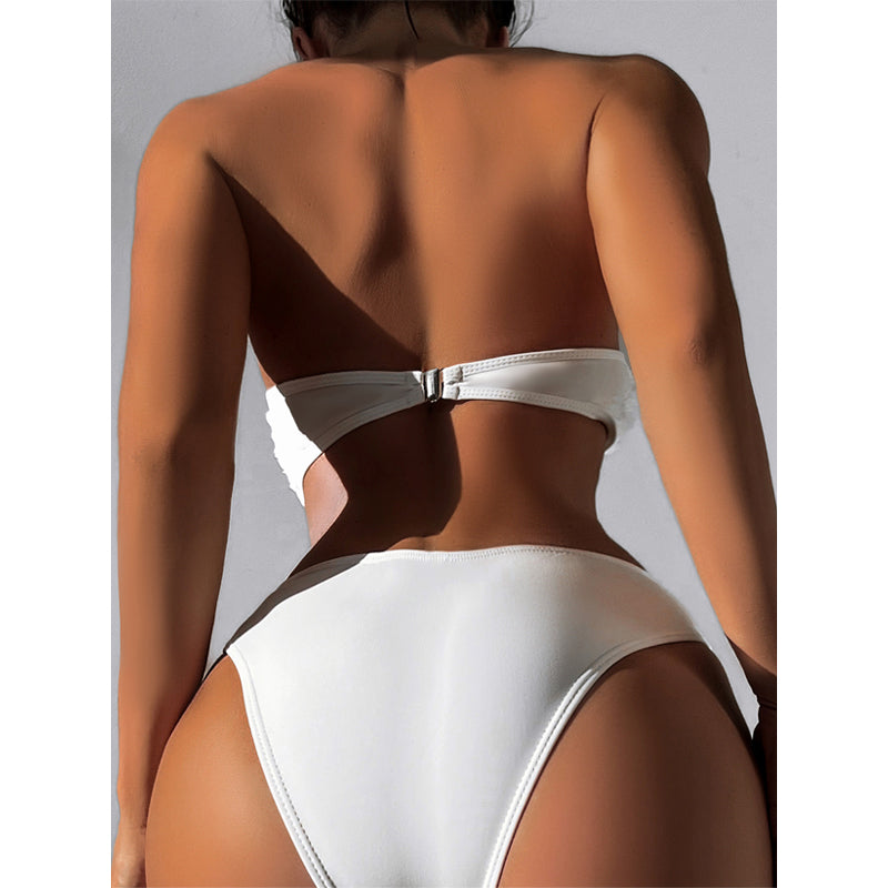 Traje de baño de bikini para mujer, top de tubo sexy, bikini floral de color sólido, traje de baño de cintura alta