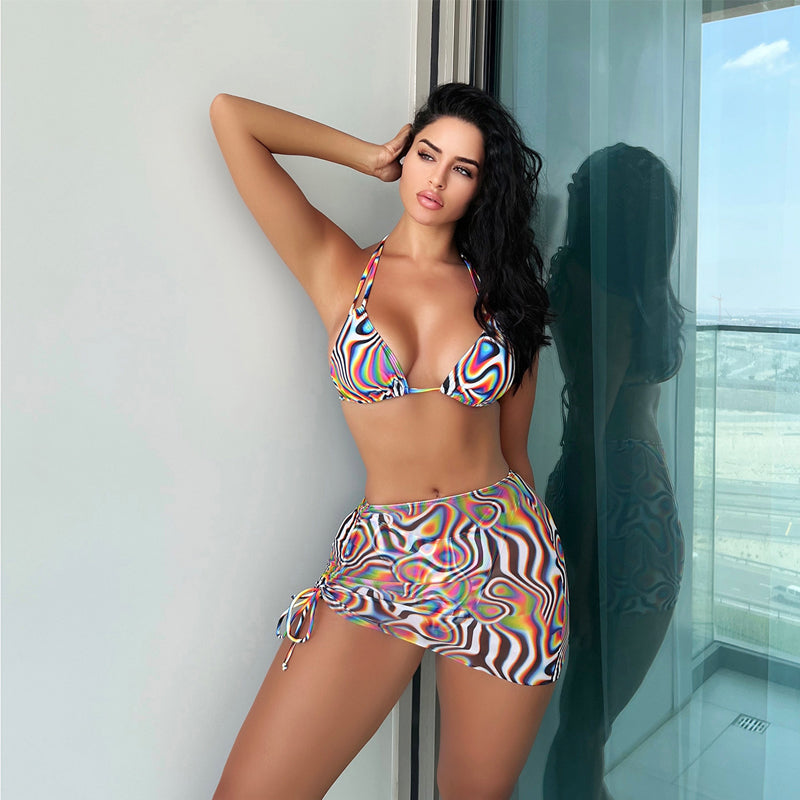 Traje de baño de bikini de rayas coloridas para mujer, bikini sexy de tres piezas, traje de baño con tirantes