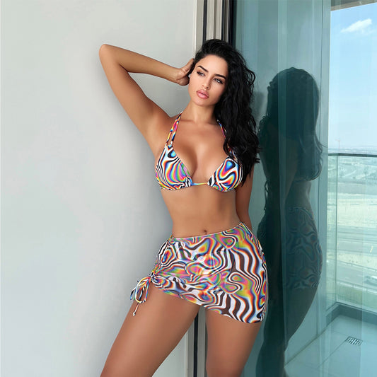 Traje de baño de bikini de rayas coloridas para mujer, bikini sexy de tres piezas, traje de baño con tirantes