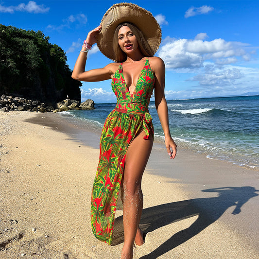 One Piece Swimsuit Women Sun Proof Pantskirt Two Piece Set Printed Beach Outerwear Swimsuit