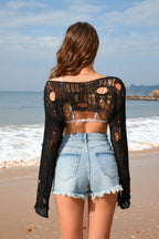 Spring Summer Beach Cover Up Solid Color Ultra Short Bell Sleeve Women Knitwear SERENDIPITY