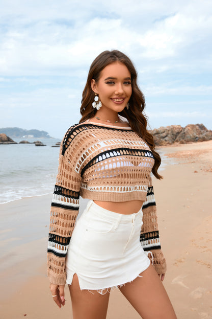 Suéter de punto sexy con costuras a rayas y aberturas para mujer, primavera y verano