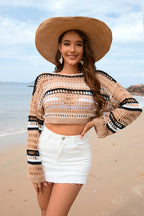 Spring Summer Women Hollow Out Cutout Striped Stitching Sexy Pullover Women Knitwear