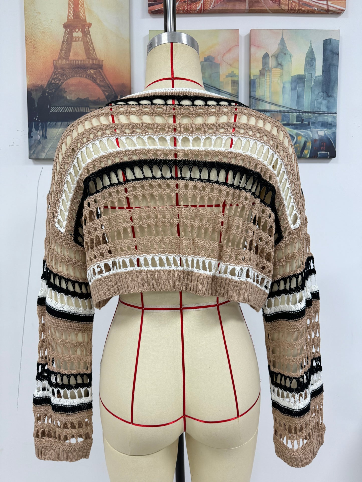 Suéter de punto sexy con costuras a rayas y aberturas para mujer, primavera y verano