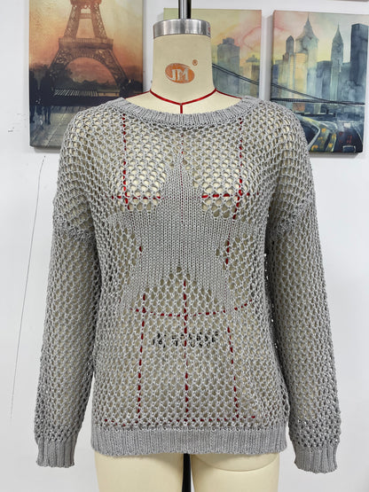 Jersey de verano para mujer, cuello redondo, estrella de cinco puntas, sexy, con recortes, tejido de punto
