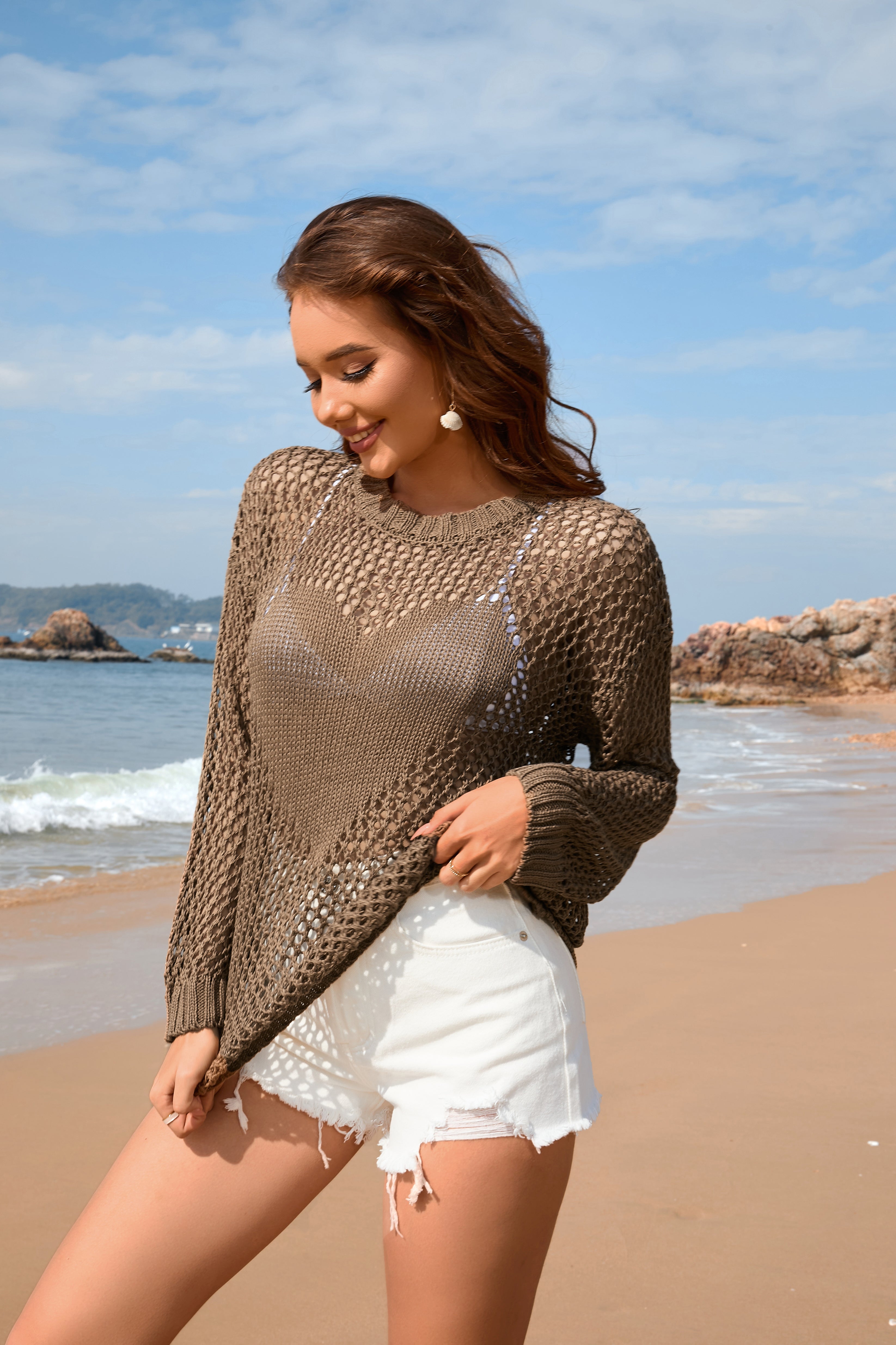 Summer Women Knitwear Round Neck Love Beach Cover Up Vacation Solid Color Women Knitwear SERENDIPITY