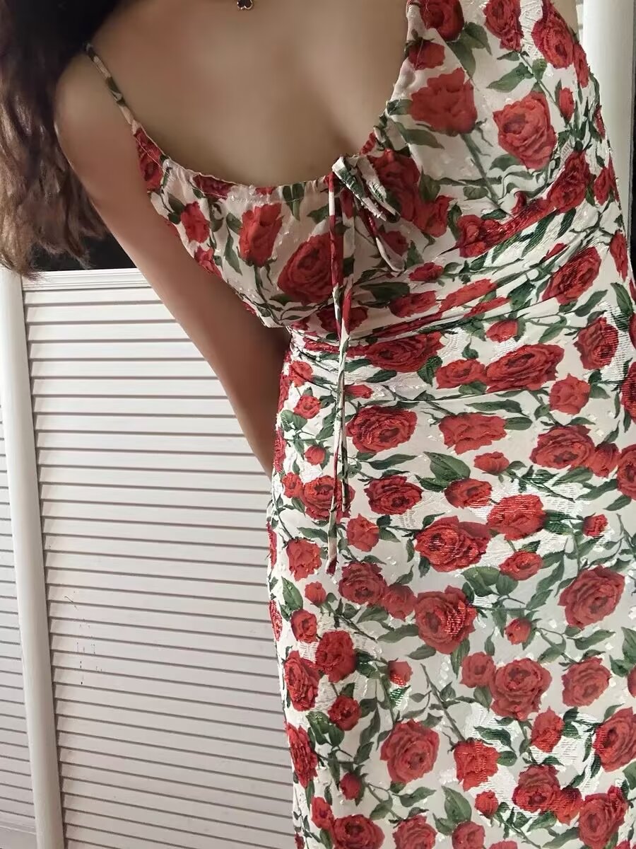Women Rose Jacquard Printed Slim Waist Fishtail Cami Dress OMI