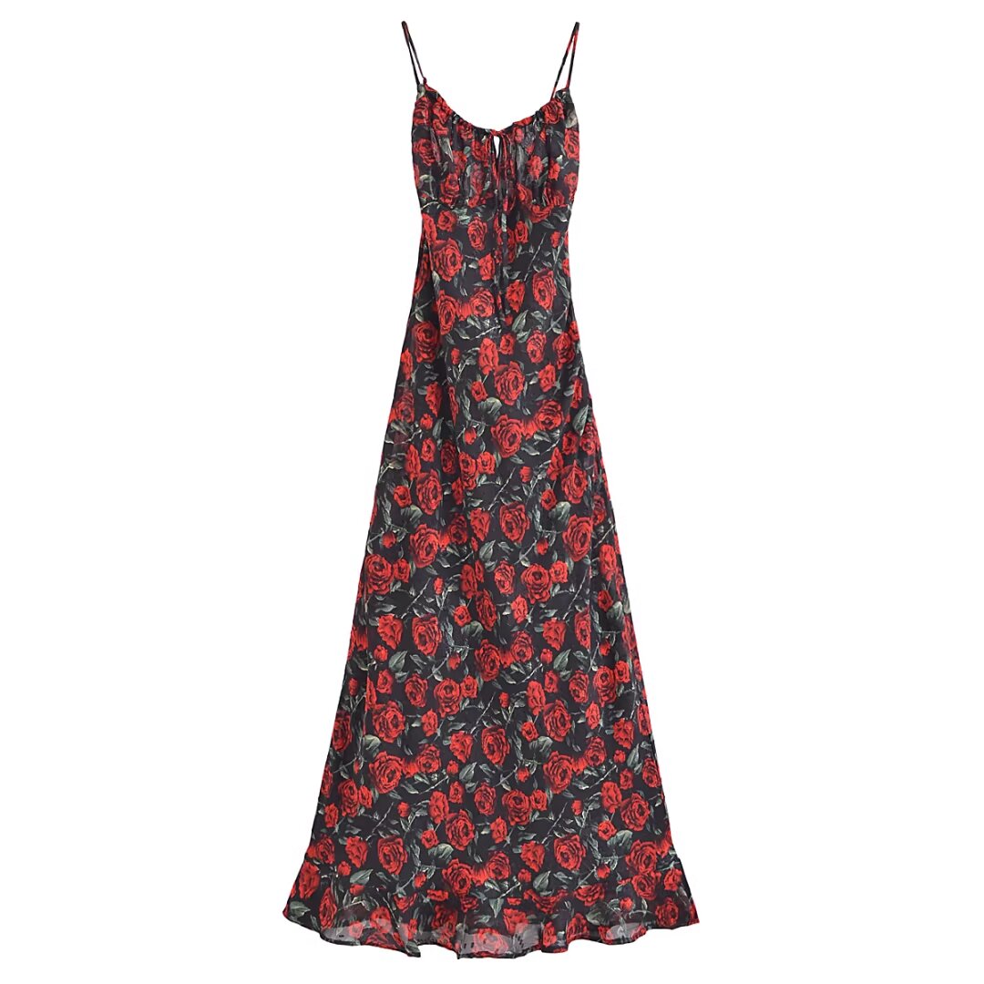 Women Rose Jacquard Printed Slim Waist Fishtail Cami Dress OMI