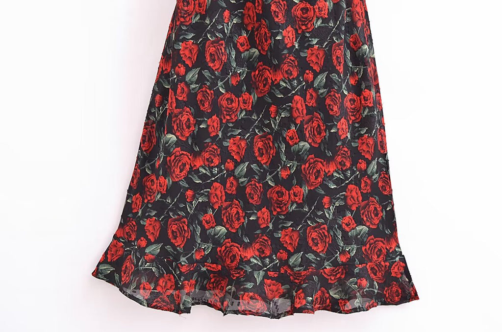 Women Rose Jacquard Printed Slim Waist Fishtail Cami Dress OMI