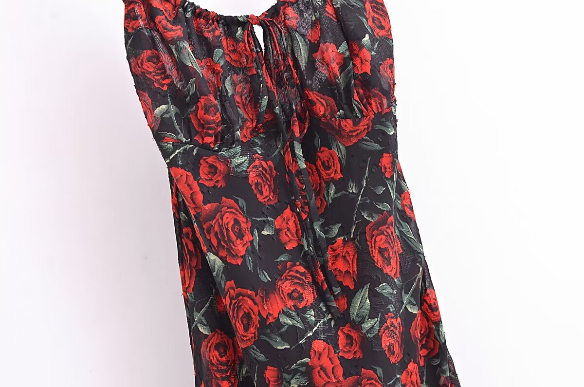 Women Rose Jacquard Printed Slim Waist Fishtail Cami Dress OMI