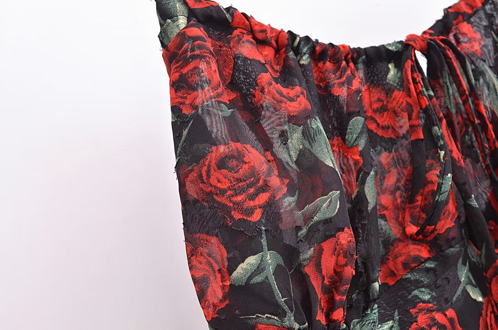 Women Rose Jacquard Printed Slim Waist Fishtail Cami Dress OMI