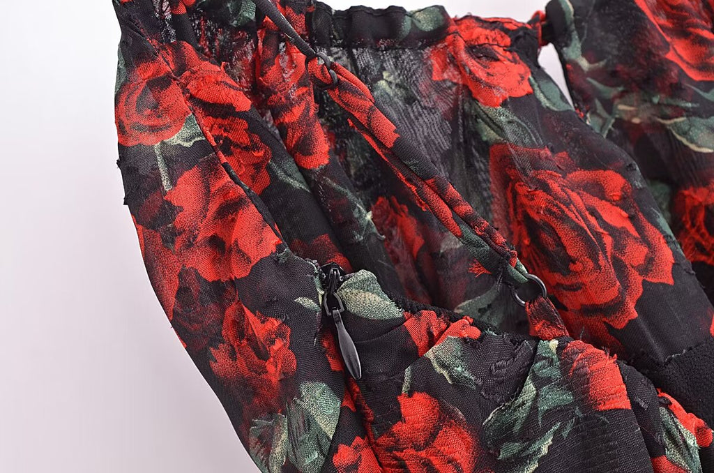Women Rose Jacquard Printed Slim Waist Fishtail Cami Dress OMI