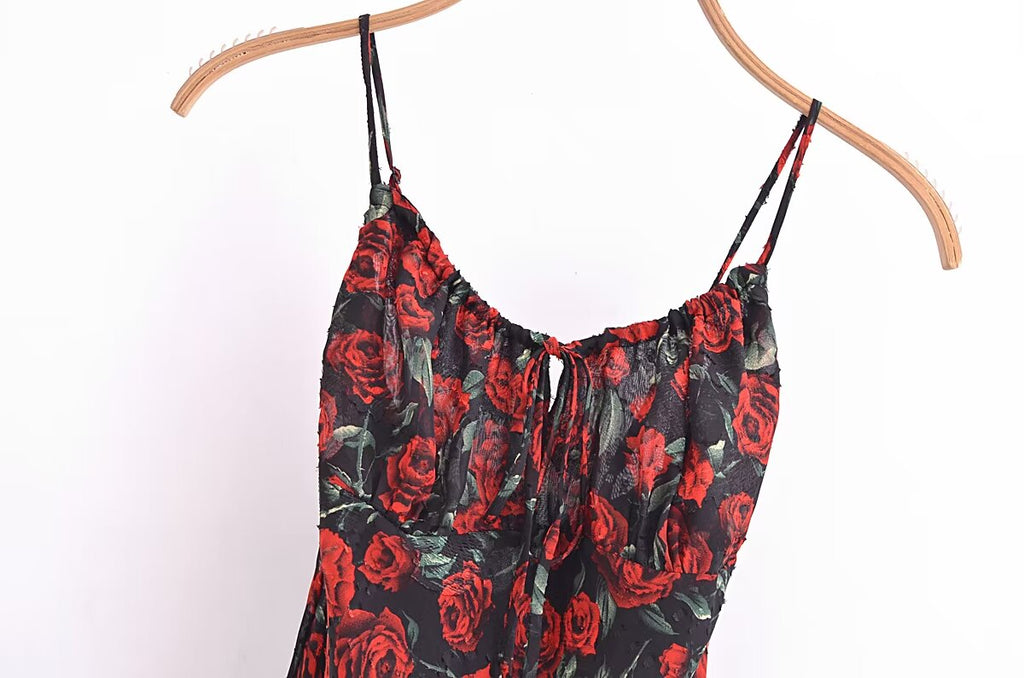Women Rose Jacquard Printed Slim Waist Fishtail Cami Dress OMI