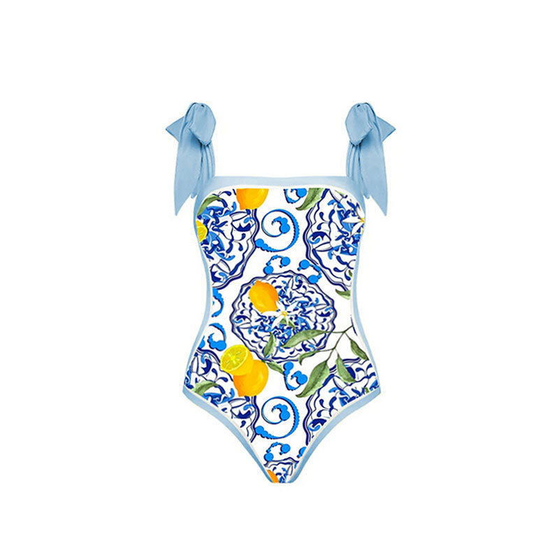 Traje de baño de una pieza sexy para mujer, traje de baño ajustado adelgazante retro con lazo, vestido de gasa