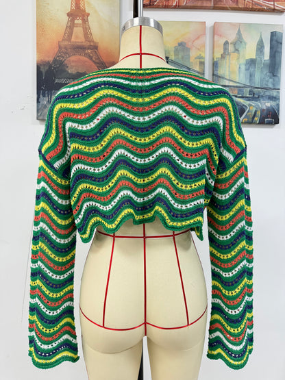 Spring Summer Stitching Loose Mixed Color Round Neck Stripes Women Knitwear