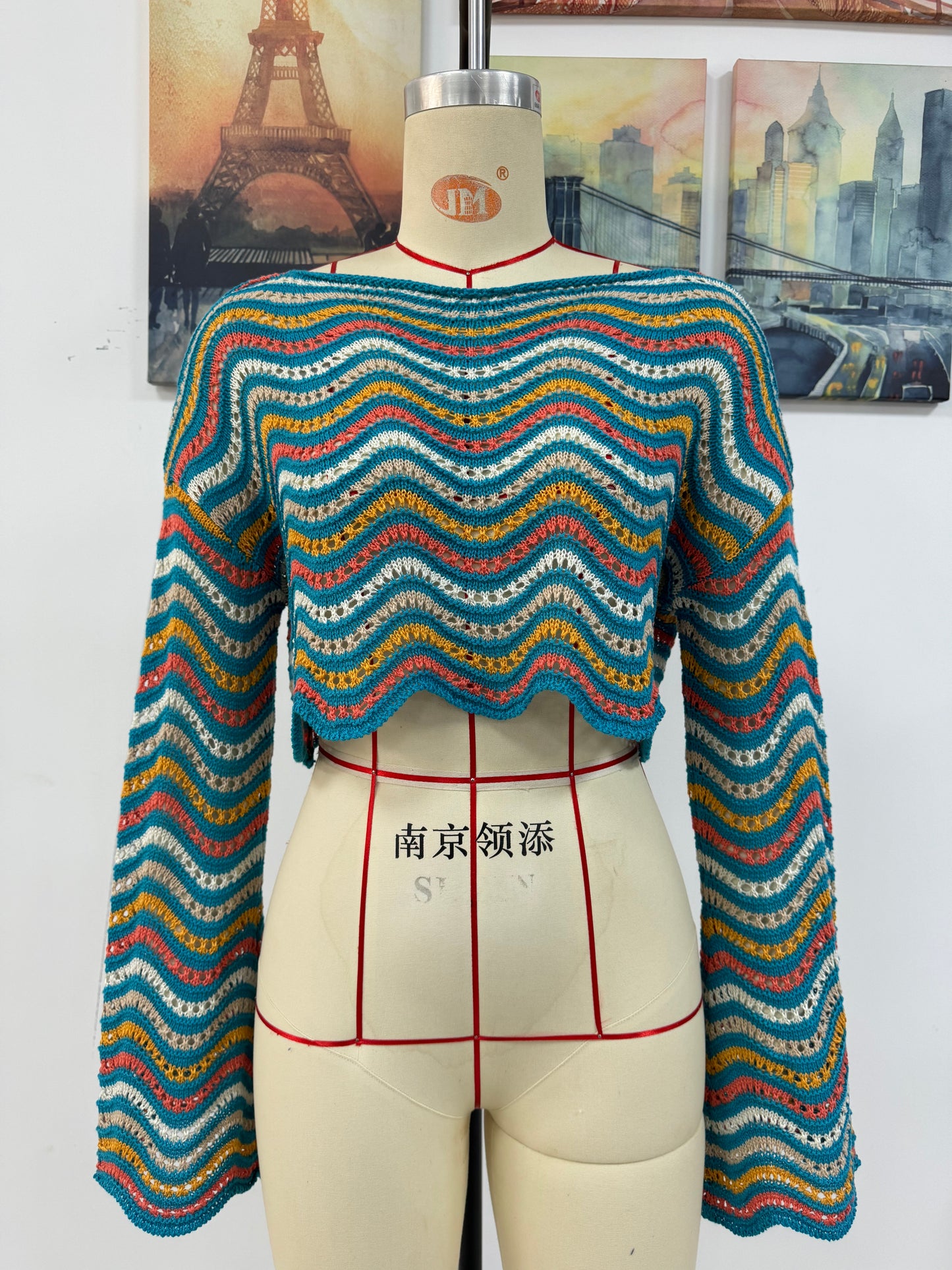 Spring Summer Stitching Loose Mixed Color Round Neck Stripes Women Knitwear