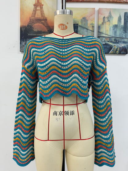 Spring Summer Stitching Loose Mixed Color Round Neck Stripes Women Knitwear