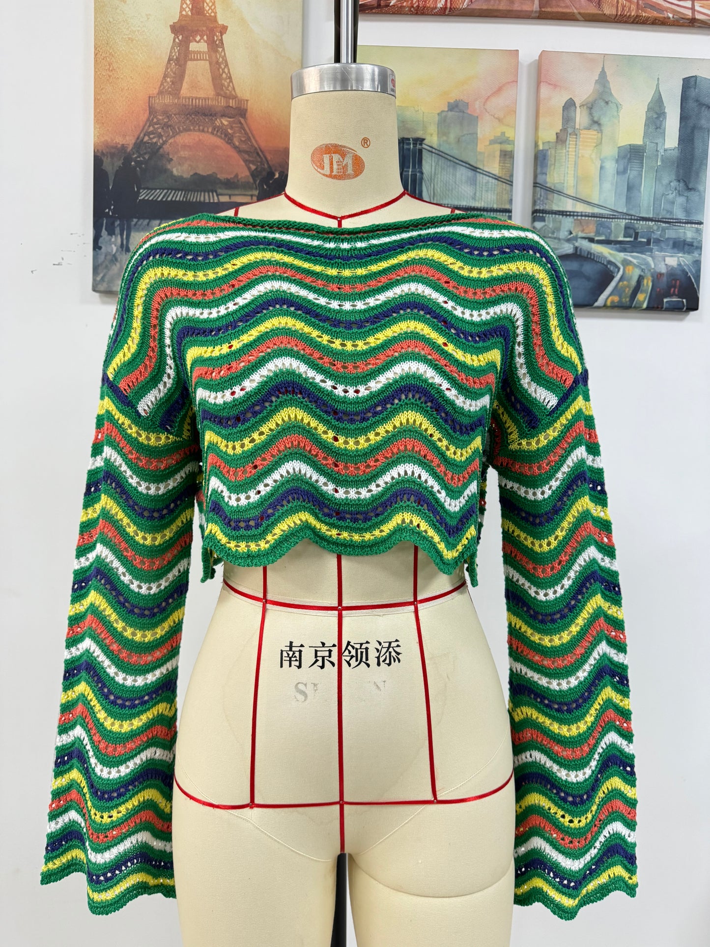 Spring Summer Stitching Loose Mixed Color Round Neck Stripes Women Knitwear