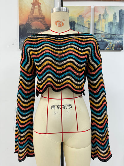 Spring Summer Stitching Loose Mixed Color Round Neck Stripes Women Knitwear