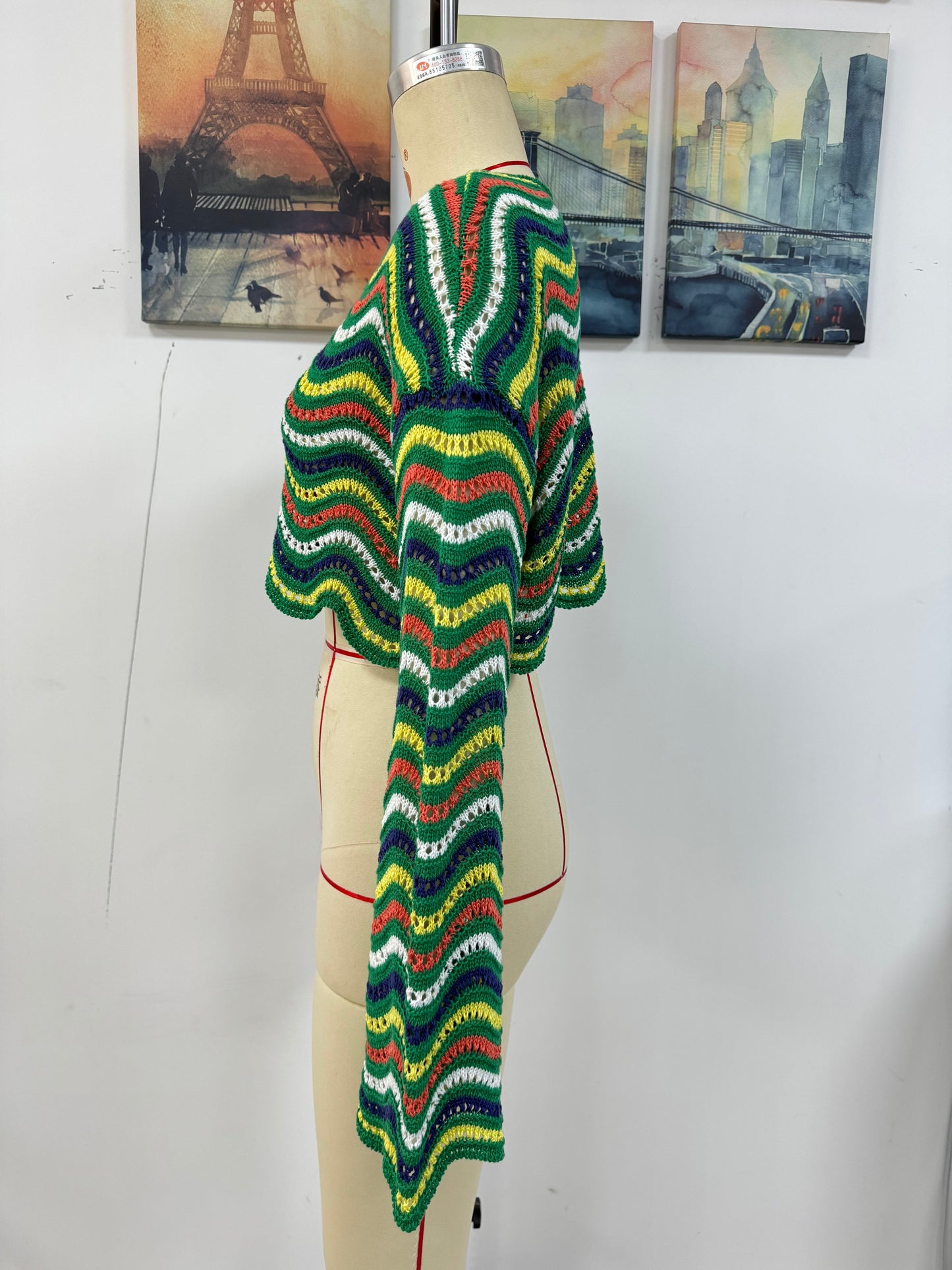 Spring Summer Stitching Loose Mixed Color Round Neck Stripes Women Knitwear
