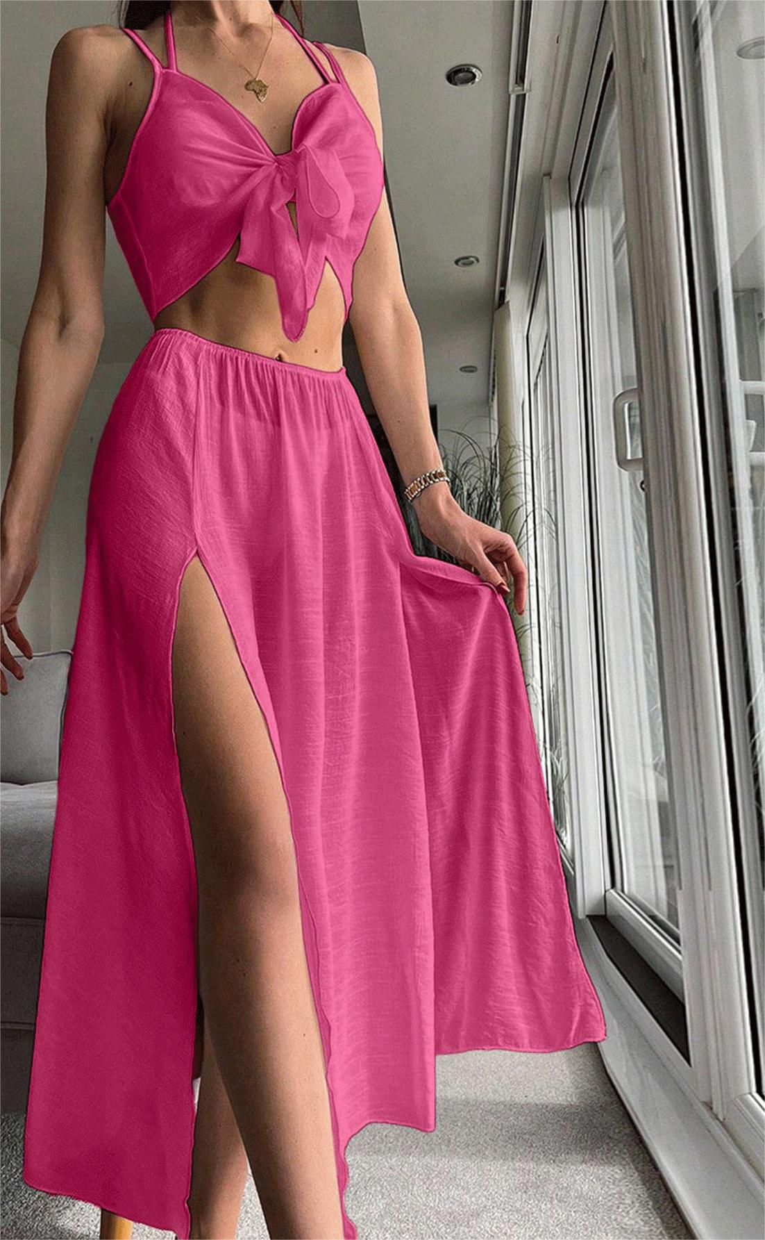 Beach Cover Up Sexy Dress Beach Two Piece Set Seaside Vacation Strap Skirt Set Women Menara